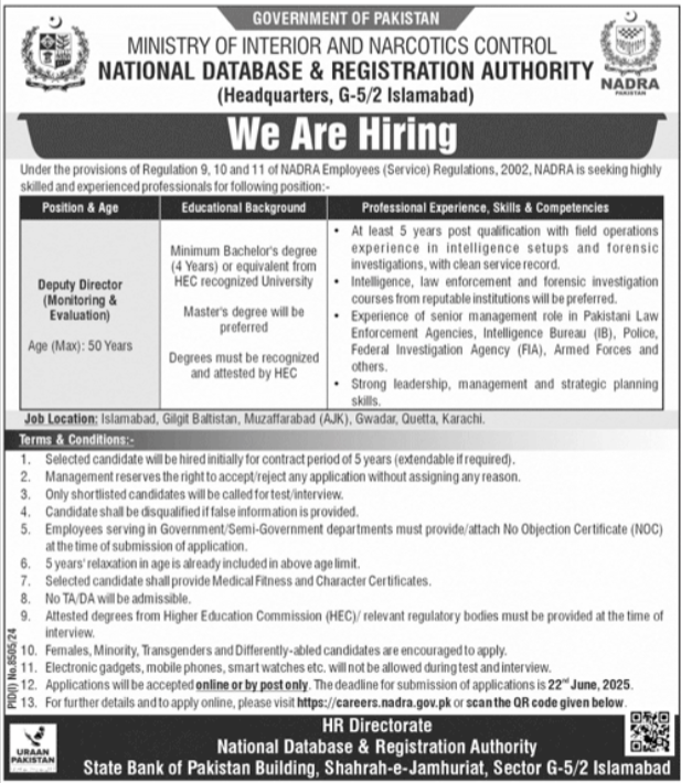 National Database and Registration Authority NADRA Jobs 2025
