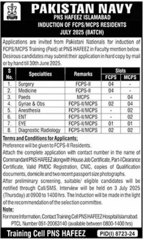 Pakistan Navy Jobs 2025 For FCPS Resident Training Program