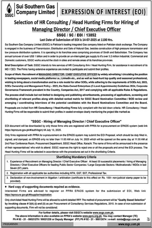 Sui Southern Gas Company Limited Jobs 2025