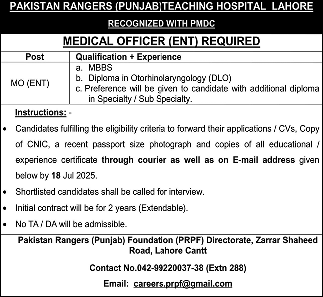 Pakistan Rangers Jobs 2025 In Lahore