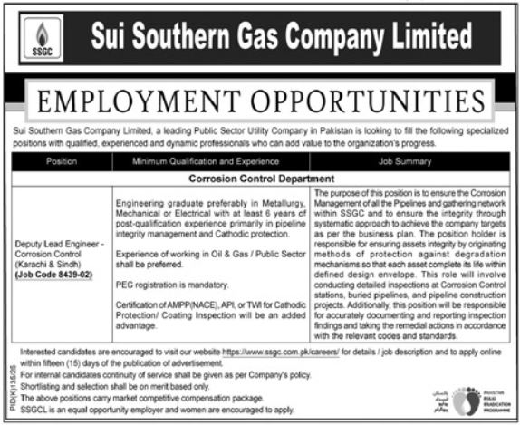Sui Southern Gas Company Limited SSGC Jobs 2025