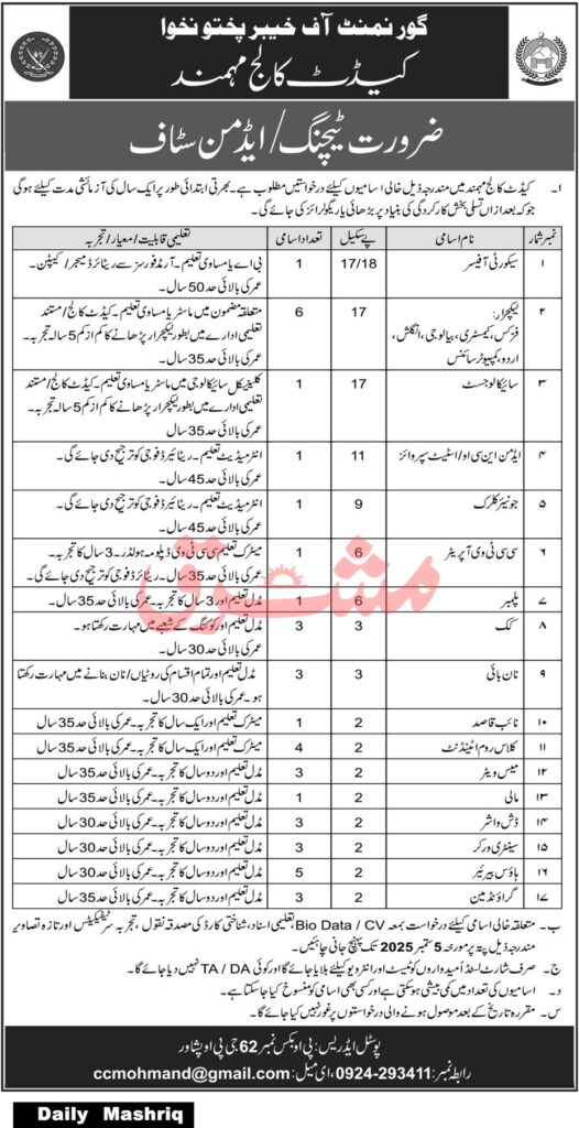 Cadet College Jobs 2025 For Naib Qasid and Clerk