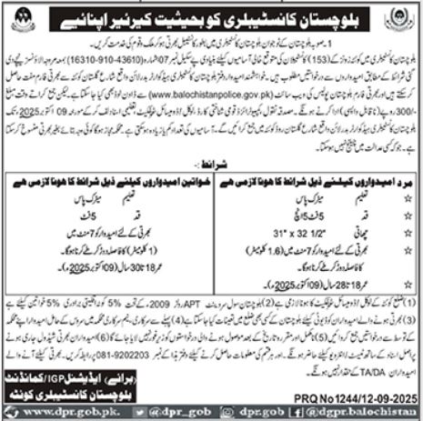 Constable and Lady Constable Jobs 2025 In Balochistan Constabulary