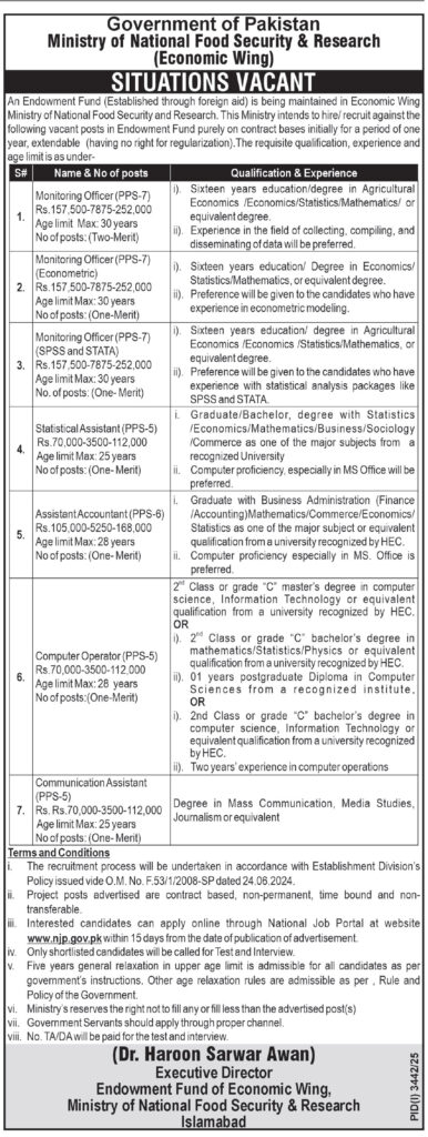 Ministry of National Food Security and Research Jobs 2025