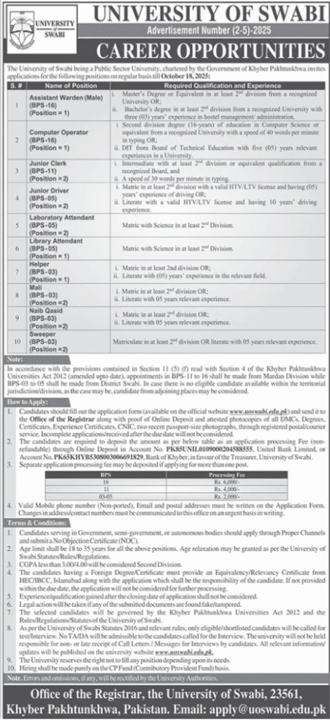 University Of Swabi Jobs 2025 for Computer Operator