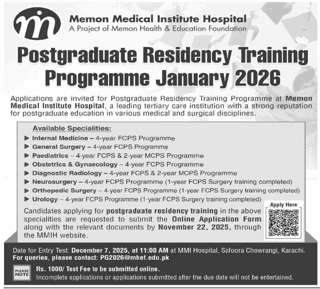 Memon Medical Institute Hospital Jobs 2025